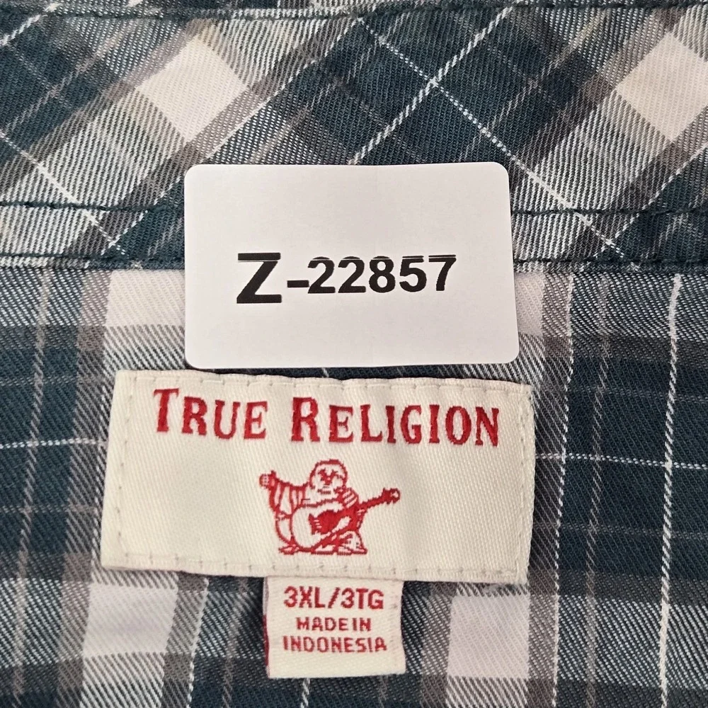 True‎ Religion Men Button Up Shirt 3XL/3TG Green Plaid Western Flap Pockets